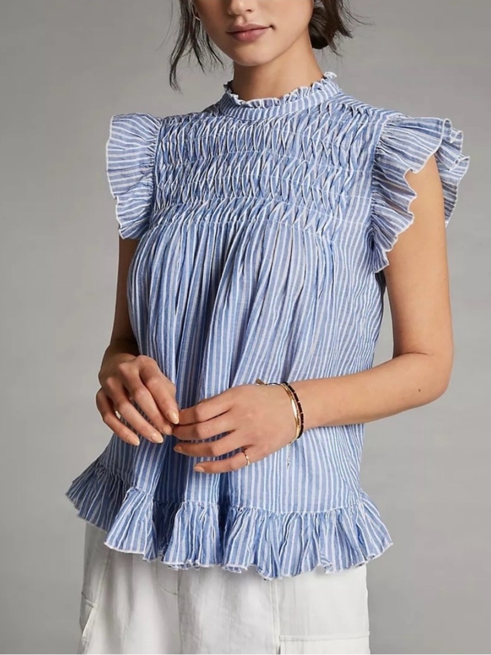 By Anthropologie Uli Ruffled Blouse Blue White Stripe Back Tie Size M
